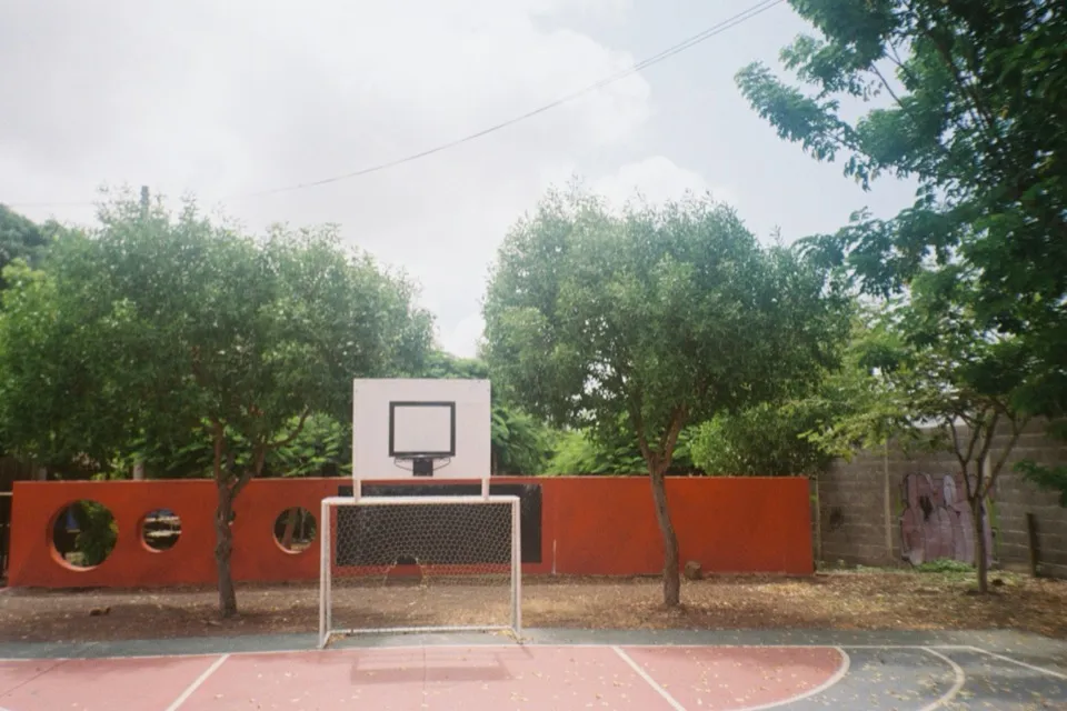 An empty red basketball court with a goal under the hoop, trees behind an orange wall